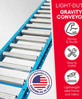 Light Duty Gravity Conveyor 18 Inch Wide By 5 Foot Long With Galvanized Steel Rollers showing close-up of rollers and frame.