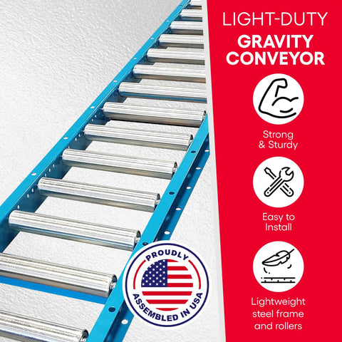 Light Duty Gravity Conveyor 18 Inch Wide By 5 Foot Long With Galvanized Steel Rollers showing close-up of rollers and frame.
