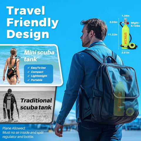 Man carrying bag with Portable 1L Mini Scuba Tank With Regulator And Pressure Gauge for travel snorkeling and emergency use