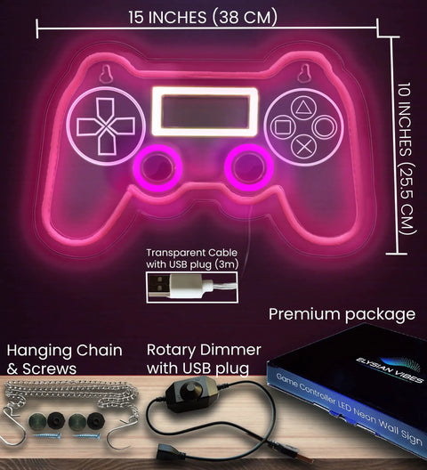 PS Controller Neon Light Sign For Gaming Rooms With Dimmer, LED Wall Decor, 15x10 inches, hanging chain and rotary dimmer included.
