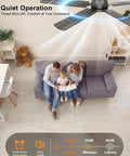 No Fuss 52 Inch Low Profile Ceiling Fan With Lights Featuring Slick App And Remote Control For Fast Cooling and Bright Ambient Glow In Matte Black Finish in a living room with family.