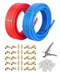 Half Inch Pex A Tubing Bundle 200 Ft Red And Blue With Brass Expansion Fittings Elbow Tee Coupler Pack Of 30, 100 Expansion Rings, Pipe Cutter