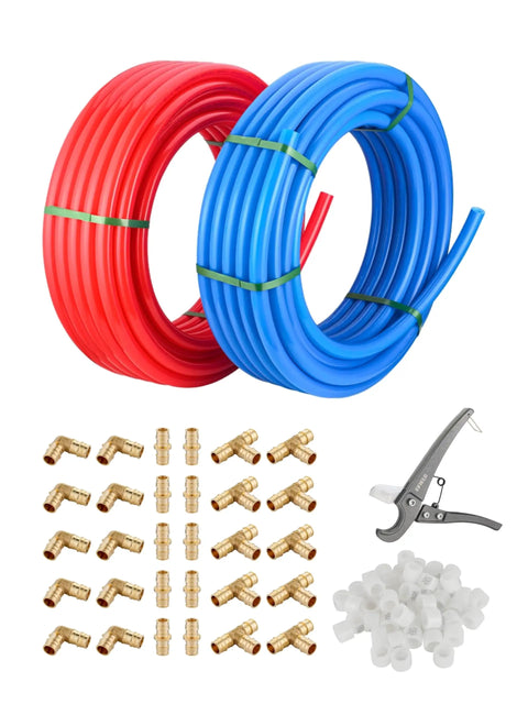 Half Inch Pex A Tubing Bundle 200 Ft Red And Blue With Brass Expansion Fittings Elbow Tee Coupler Pack Of 30, 100 Expansion Rings, Pipe Cutter