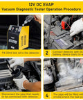 Automotive Smoke Machine Leak Detector With Built In Air Pump 12V DC EVAP Vacuum Diagnostic Tester operation steps shown.