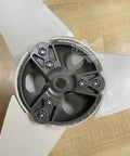 Close-up of Small Wind Turbine Wheel Hub And Cap Kit For 17mm Shaft Durable Metal Hub with 3-blade configuration on wood surface