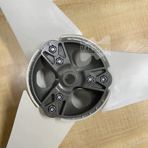 Close-up of Small Wind Turbine Wheel Hub And Cap Kit For 17mm Shaft Durable Metal Hub with 3-blade configuration on wood surface