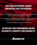 Aeromotive brand message on performance fuel systems with red background emphasizing reliability and durability.
