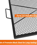 Close-up of 30 Inch Square Fire Pit Grate For Outdoor Cooking Heavy Duty Steel With Heat Resistant Coating and diamond mesh design.
