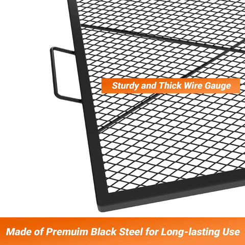 Close-up of 30 Inch Square Fire Pit Grate For Outdoor Cooking Heavy Duty Steel With Heat Resistant Coating and diamond mesh design.