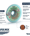 Desoldering Braid 425 Fine Number 3 With RMA Flux, Pro Grade Super Wick, 5 Feet Long, 0.075 Inch Wide, Green, Oxide-Free Copper