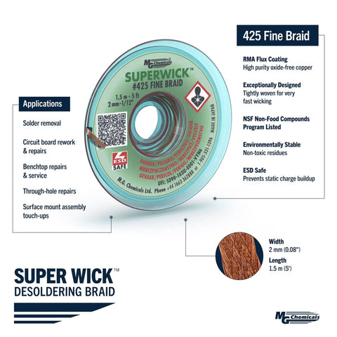 Desoldering Braid 425 Fine Number 3 With RMA Flux, Pro Grade Super Wick, 5 Feet Long, 0.075 Inch Wide, Green, Oxide-Free Copper