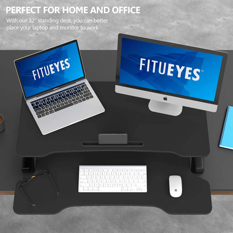 Epic Height Adjustable Sit To Stand Desk Converter with dual monitors and laptop, 31.5 in wide, black ergonomic workspace