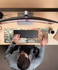 Overhead view of Ultra Large Floral Desk Mat For Gaming And Work 31.5 By 11.8 Inches With Stitched Edges An Extended Mouse Pad For Keyboard And Laptop Non Slip Rubber Base Dope Floral Office Decor For Women And Girls on a desk.