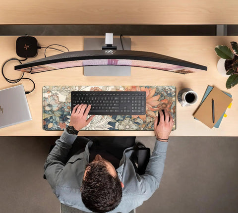 Overhead view of Ultra Large Floral Desk Mat For Gaming And Work 31.5 By 11.8 Inches With Stitched Edges An Extended Mouse Pad For Keyboard And Laptop Non Slip Rubber Base Dope Floral Office Decor For Women And Girls on a desk.