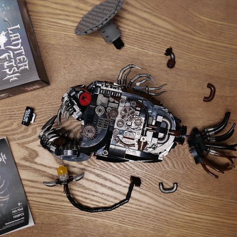 Anglerfish Mechanical Lantern Build Kit For Ocean Lovers Lego Compatible Sea Creature DIY Bricks Set With Steampunk Details Perfect Office Or Home Decor For Adults 1038 Pieces STEM Gift For Ages Eight To Sixteen And Up assembled anglerfish build on wood tabletop
