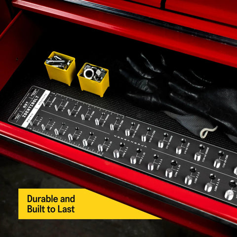 Identibolt Precise Threadchecker And Wall Mount Kit for Imperial SAE and Metric Threads in red tool drawer, durable label.