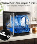 Portable Countertop Nugget Ice Maker Produces Thirty Five Pounds Of Fresh Pebble Ice Daily With Lightning Fast Five Minute Cycles, showing self-cleaning feature.