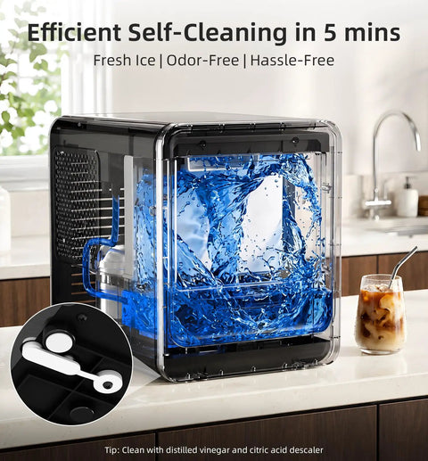 Portable Countertop Nugget Ice Maker Produces Thirty Five Pounds Of Fresh Pebble Ice Daily With Lightning Fast Five Minute Cycles, showing self-cleaning feature.