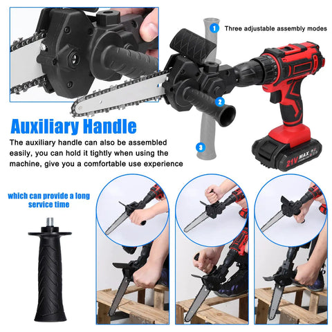 Straight Up Best Electric Chainsaw Attachment Modifies Standard Drills Into A Badass 6 Inch Power Cutter with adjustable handle assembly.