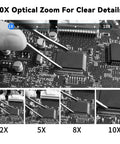 Top Tier Global Shutter Usb Camera With Hella Fast 640 Fps Monochrome Capture And Slick 5 To 50 Millimeter Cs Lens Kit For Linux Mac And Windows Platforms showing 10X optical zoom on a circuit board detail.