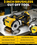 Badass Cordless Cut Off Tool With Brushless Motor And Variable Speed, 3 Inch Mini Cutting Saw with 3 inch blade on workbench.