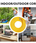 Collage showing 25 Ft Lighted Outdoor Extension Cord With Three Outlets used with lawn mower, power saw, and kitchen.