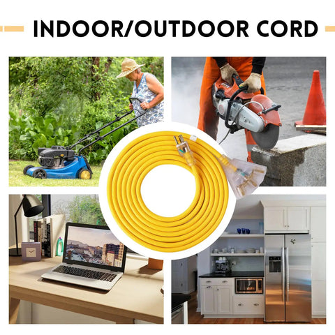 Lighted 50 Ft Outdoor Extension Cord With 3 Outlets Heavy Duty 14 Gauge SJTW Bright Yellow Cable in various usage scenarios