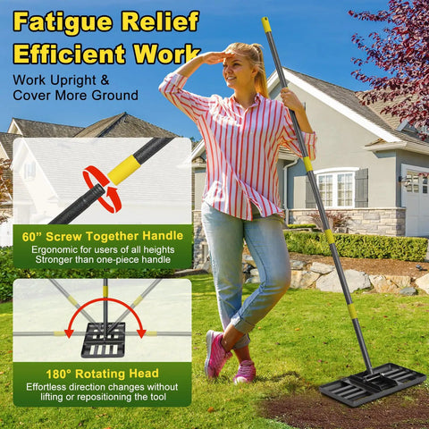 Heavy Duty Lawn Leveling Rake With 17 Inch By 10 Inch Stainless Steel Ground Plate And 60 Inch Handle For Anti Flipping Operation