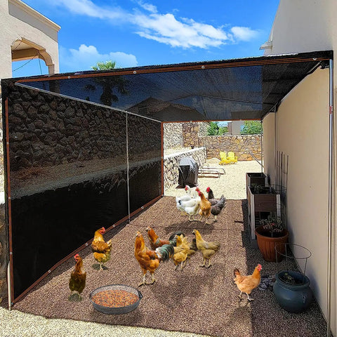 Heavy Duty Sun Shade Cloth 10x24 Foot Mesh Tarp With Grommets For Garden Greenhouse Patio Pergola And Chicken Coop 80 To 90 Percent Shade Cloth Cover For Outdoor Plants And Backyard Spaces pictured providing shade for a chicken coop.