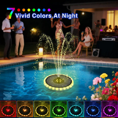 4W Solar Powered Bird Bath Fountain With Color LED Lights And 7 Nozzles, 4000mAh Battery, Outdoor Water Feature Pump in pool scene