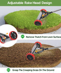 Labor Saving No Fuss Lawn Dethatcher With Wheels Roller Rake with stainless steel blades on lawn demonstrating thatch removal