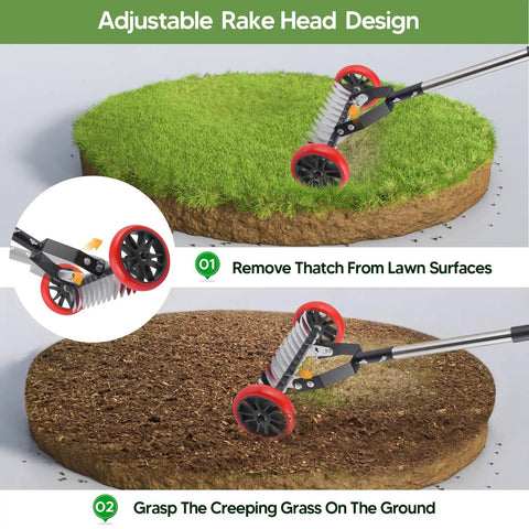 Labor Saving No Fuss Lawn Dethatcher With Wheels Roller Rake with stainless steel blades on lawn demonstrating thatch removal