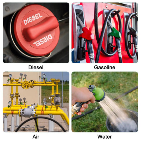 Diesel fuel cap, gasoline pumps, air compressor, and water hose nozzle for heavy duty fuel line applications