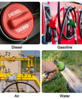 Collage showing diesel cap, gasoline pumps, industrial air pipes, and hand holding water hose depicting fuel line uses