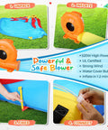 Double Dip Inflatable Water Slide Park setup steps with 520W blower, showing unpacking, inflating, fixing, and connecting process