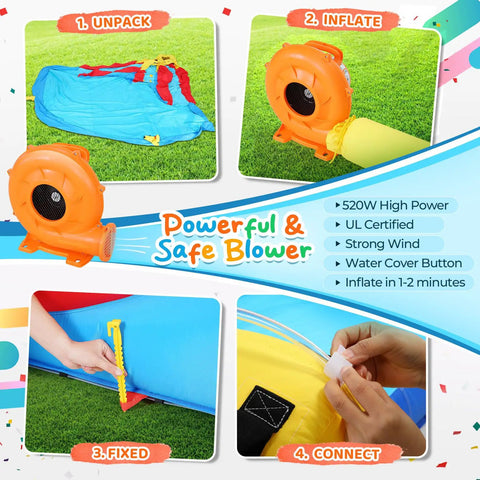 Double Dip Inflatable Water Slide Park setup steps with 520W blower, showing unpacking, inflating, fixing, and connecting process
