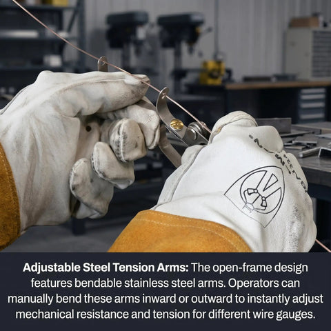 Lightweight TIG Wire Feeder For Precise Welds, 7 Inch Tension Control demonstration with gloved hands.