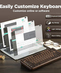 Premium Solid Walnut Wood 75 Percent Wireless RGB Mechanical Gaming Keyboard Featuring Dope Hot Swap Caps And Fire Backlighting For Your Sick Desk Setup with custom software setup on laptop.