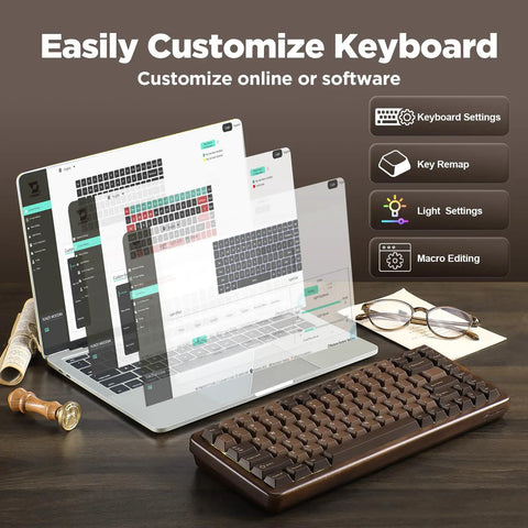 Premium Solid Walnut Wood 75 Percent Wireless RGB Mechanical Gaming Keyboard Featuring Dope Hot Swap Caps And Fire Backlighting For Your Sick Desk Setup with custom software setup on laptop.