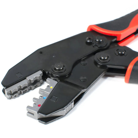 Close-up of Interchangeable Ratcheting Terminal Crimper Set with 7 Die Sets Quick Change for Automotive Electrical Terminals