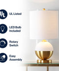 White And Brass Gold Ceramic Table Lamp With White Linen Drum Shade, Sleek Modern Glam Nightstand Light, LED Bulb Included