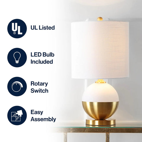 White And Brass Gold Ceramic Table Lamp With White Linen Drum Shade, Sleek Modern Glam Nightstand Light, LED Bulb Included