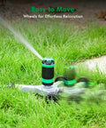 Gear Drive Sprinkler With Wheeled Base 5 Pattern Adjustable Lawn Sprinkler For Yard Garden And Flower Beds in action on grass