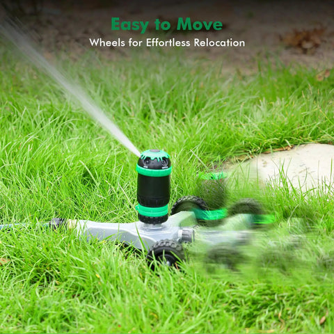 Gear Drive Sprinkler With Wheeled Base 5 Pattern Adjustable Lawn Sprinkler For Yard Garden And Flower Beds in action on grass