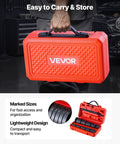 Man holding red carrying case for Bearing Press Kit With 52 Piece Bearing Race And Seal Driver Set for automotive maintenance.