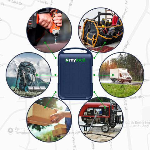 Keep Your Gear Locked Down With This Rugged GPS Asset Tracker All Week Battery Life Real Time Location Updates Via Smartphone App For Trucks Cars And Equipment Security, showing usage scenarios including tools and vehicles.