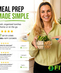 Person holding a glass meal prep container with lids, showing portion control compartments, next to customer reviews.