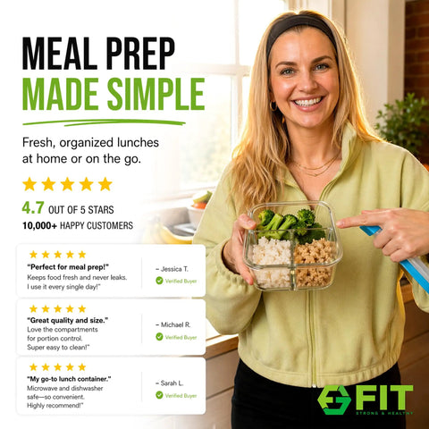 Person holding a glass meal prep container with lids, showing portion control compartments, next to customer reviews.