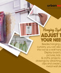 Adjustable Indoor Outdoor Wire Curtain Rod System With 16.4 Ft Reach And 24 Clips For Room Divider, Clothesline Hanger, Kids Craft Art Decor On Walls Everywhere displayed with hanging decor and clips.