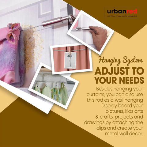 Adjustable Indoor Outdoor Wire Curtain Rod System With 16.4 Ft Reach And 24 Clips For Room Divider, Clothesline Hanger, Kids Craft Art Decor On Walls Everywhere displayed with hanging decor and clips.